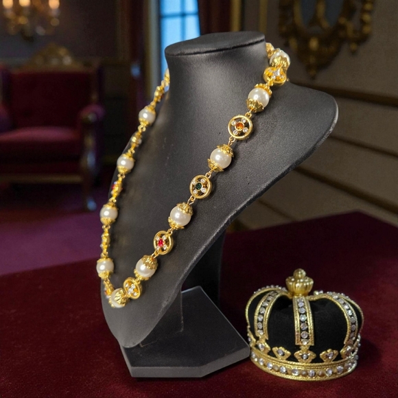 Royal Regal Pearl & Ruby Emerald Crystal Cross Necklace - Picture 4 of 4